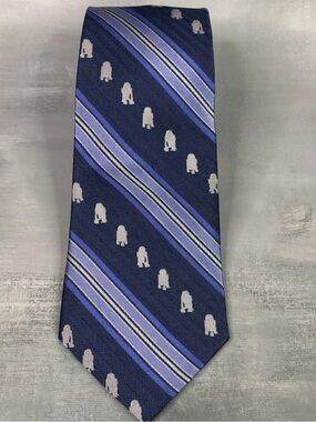Disney Parks R2-D2 Star Wars Blue Gray Striped Necktie Men Tie 100% Silk May 4th